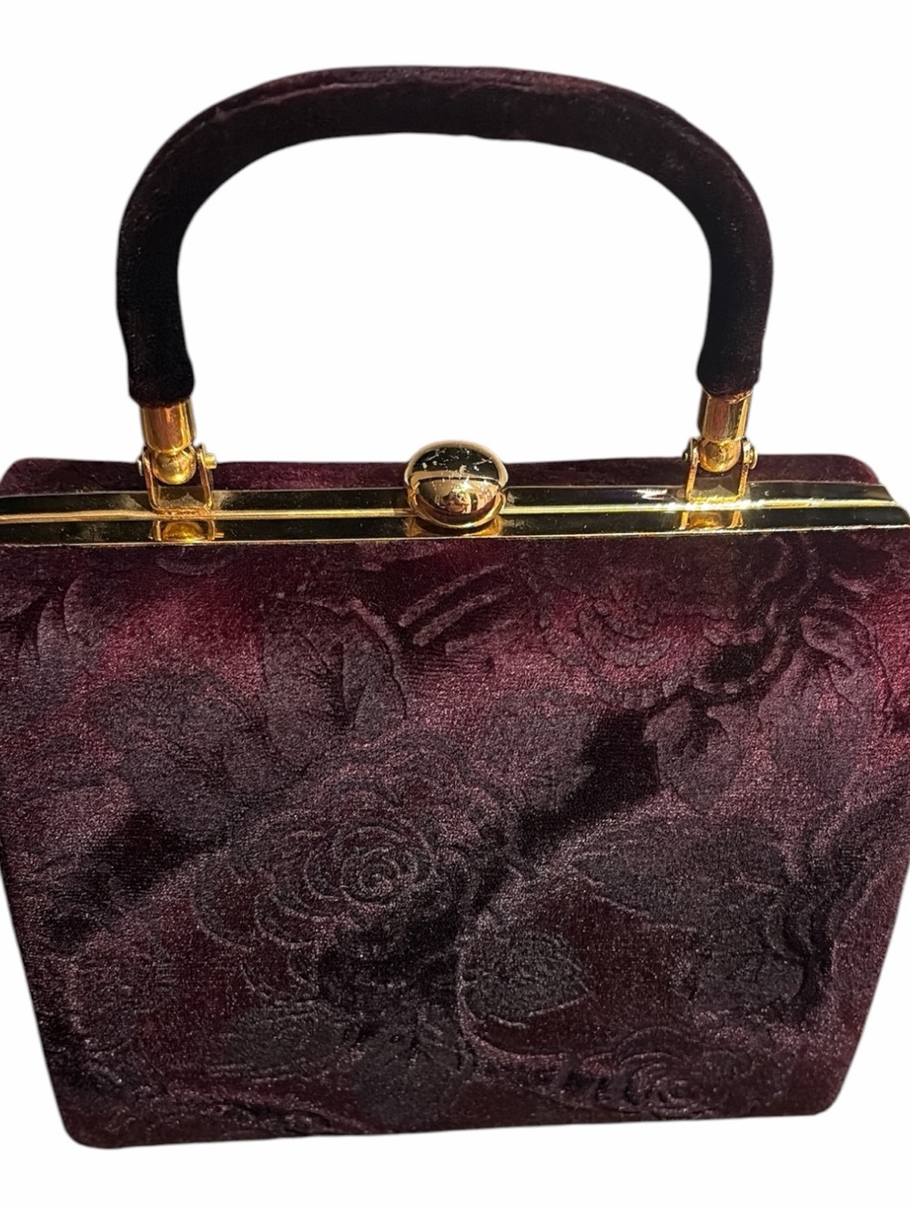 La Regale Deep Burgundy Velvet Floral Top-Handle Mini Bag with Gold Hardware